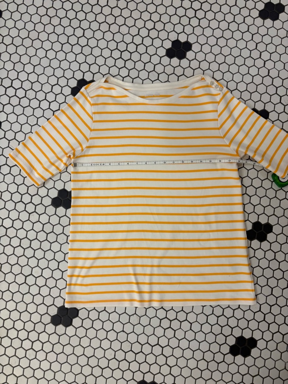 Lands’ End Supima Cotton Boat Neck Top Yellow Stripe Button Shoulder M - Picture 8 of 8